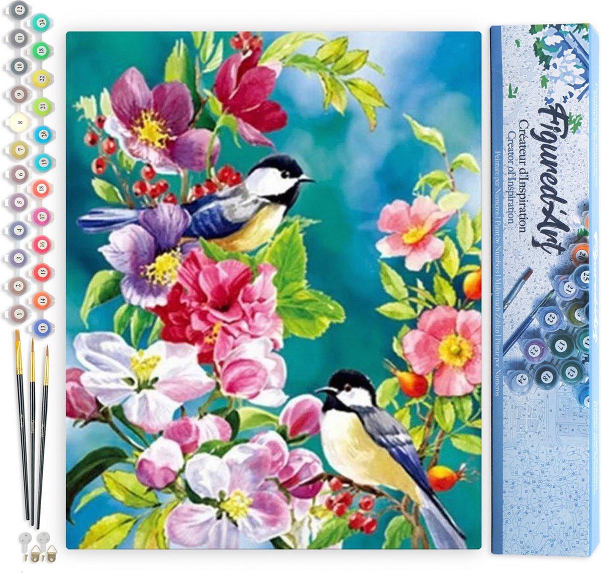 FiguredArt Schilderen op Nummer Volwassenen canvas Kleine vogels in de lente - Handwerk acrylverf Kit DIY Compleet - 40x50cm zonder frame